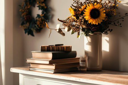 a table with a vase of sunflowers on it. generative ai.の素材