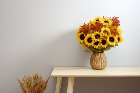 a table with a vase of sunflowers on it. generative ai.の素材