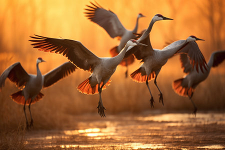 A flock of Sandhill Cranes during their fall migration. AI generative.の素材