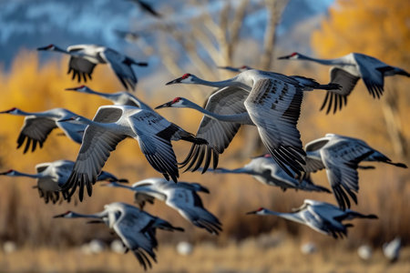 A flock of Sandhill Cranes during their fall migration. AI generative.の素材