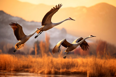 A flock of Sandhill Cranes during their fall migration. AI generative.の素材