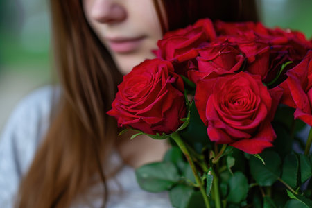 a woman holding a bouquet of roses.ai generative.の素材