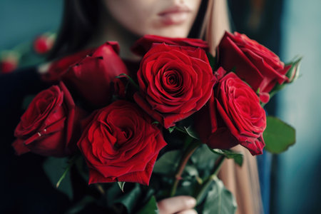 a woman holding a bouquet of roses.ai generative.の素材