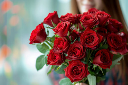 a woman holding a bouquet of roses.ai generative.の素材