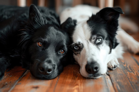 white dog and black cat looking at the camera lying together on the floor.AI generative.の素材