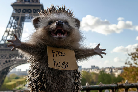 a hedgehog with Free hugs banner amused , generative ai.の素材