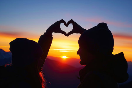 A couple of love makes a heart-shaped gesture, while the sunset. AI Background.の素材