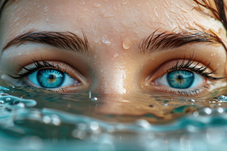 AI generated illustration of a woman's eye above the surface of water.の素材