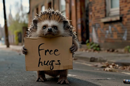 a hedgehog with Free hugs banner amused , generative ai.の素材