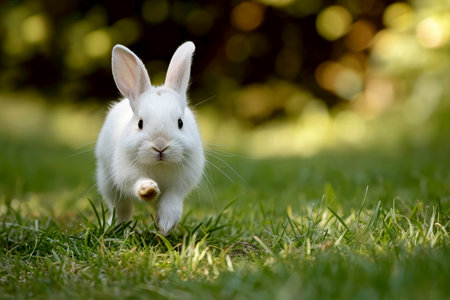 a rabbit running in a field of green grass. generative ai.の素材