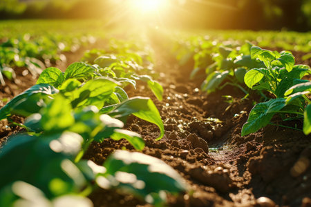 Farm harvest green field. Outdoor nature plant vegetable organic eco product.AI Generative..の素材