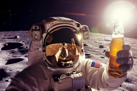 Astronaut sitting on the moon drinking beer, Generative AI.の素材