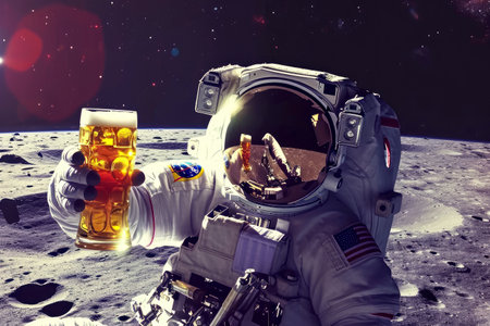 Astronaut sitting on the moon drinking beer, Generative AI.の素材
