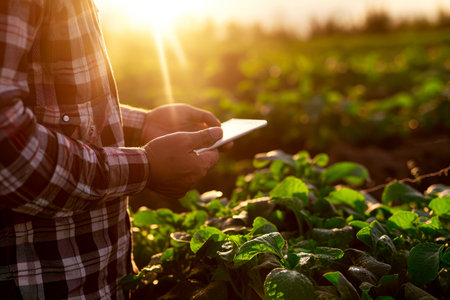 a farmer standing in field with table. Generative AI..の素材