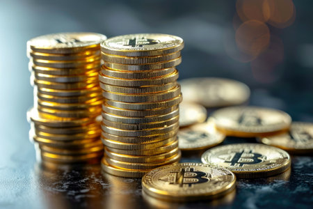 Bitcoin cryptocurrency with pile of coins , Vector . generative ai.の素材