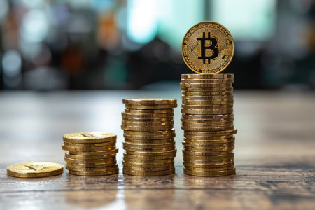 Bitcoin cryptocurrency with pile of coins , Vector . generative ai.の素材