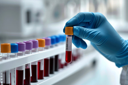 Doctor holding blood tube test in the research laboratory. health for check up . Generative ai.の素材