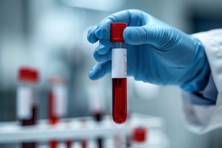 Doctor holding blood tube test in the research laboratory. health for check up . Generative ai.の素材