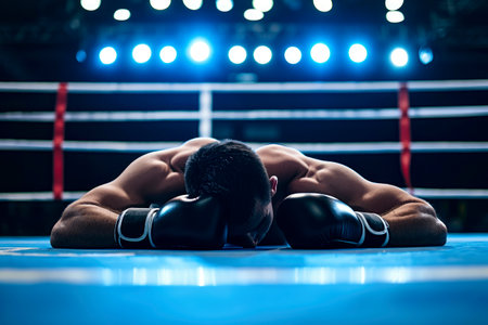 a boxer man falls knocked out TKO. defeat in battle. ai generative.の素材