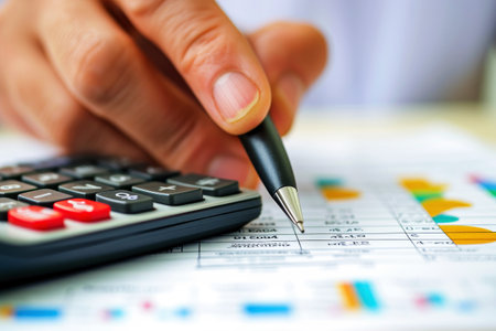 Financial data analyzing counting concept for Businessman's hands with calculator and laptop on desk in modern office. Generative AI.の素材