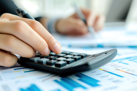 Financial data analyzing counting concept for Businessman's hands with calculator and laptop on desk in modern office. Generative AI.の素材