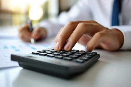 Financial data analyzing counting concept for Businessman's hands with calculator and laptop on desk in modern office. Generative AI.の素材