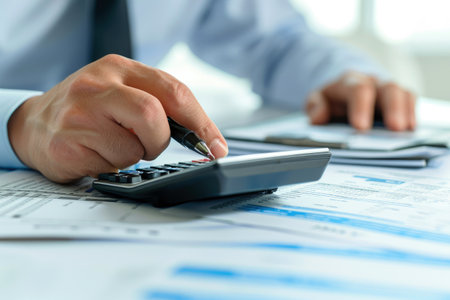 Financial data analyzing counting concept for Businessman's hands with calculator and laptop on desk in modern office. Generative AI.の素材