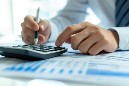 Financial data analyzing counting concept for Businessman's hands with calculator and laptop on desk in modern office. Generative AI.の素材