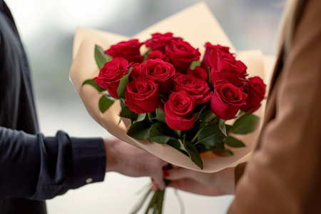 a woman holding a bouquet of roses.ai generative.の素材