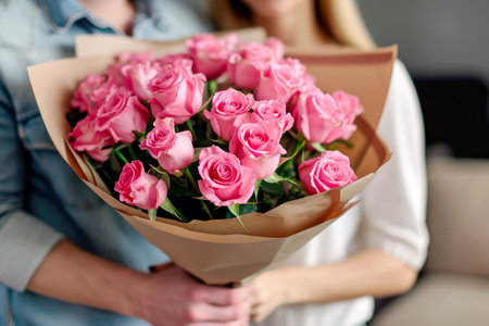 a woman holding a bouquet of roses.ai generative.の素材