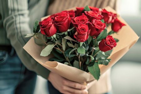 a woman holding a bouquet of roses.ai generative.の素材