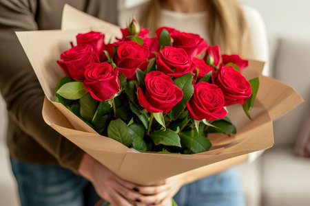 a woman holding a bouquet of roses.ai generative.の素材
