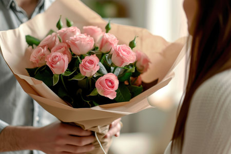 a woman holding a bouquet of roses.ai generative.の素材