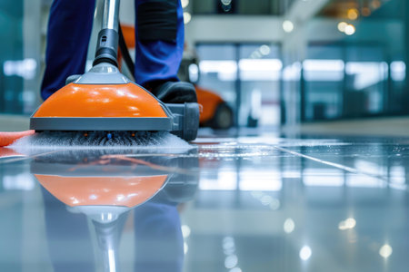 Cleaning Floor with Polishing Machine Indoors. Generative ai.の素材