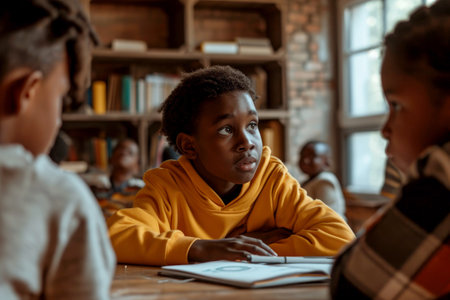 African American school children studying indoors, surrounded by friendship and togetherness generative AI.の素材