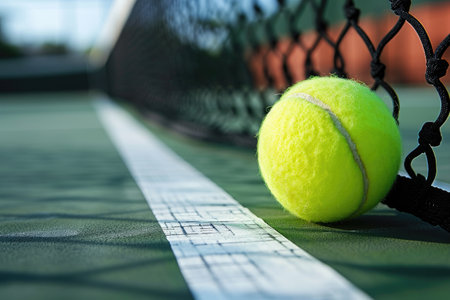 tennis ball on the line court near net . generative ai.の素材