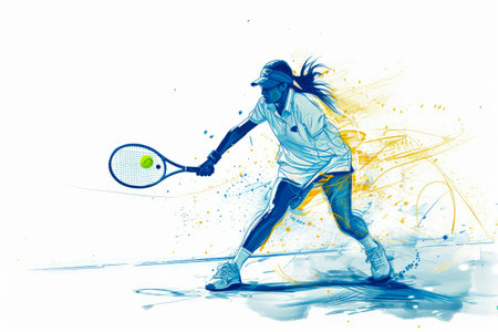 illustration of Tennis player in action during colorful paint splash, white background. AI generated.の素材