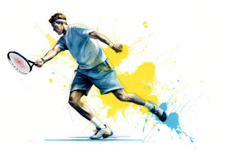 illustration of Tennis player in action during colorful paint splash, white background. AI generated.の素材