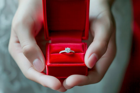 diamond ring in red box in woman hand on . ai generative.の素材