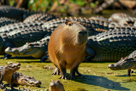 a capybara among crocodiles in the river.AI generative.の素材