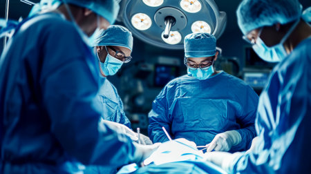 Photo of a male doctor performing surgery in an operating room. Generative AI.の素材