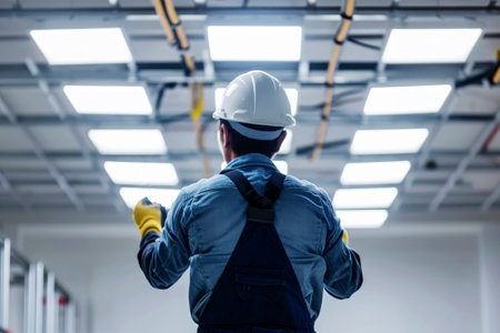 Electrician man worker installing lamp in a office room . Generative AI.の素材