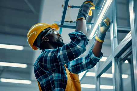 Electrician man worker installing lamp in a office room . Generative AI.の素材