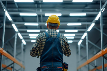 Electrician man worker installing lamp in a office room . Generative AI.の素材