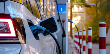 Electric Vehicle Charging Station Plugged into Car: Clean Energy for a Sustainable Future, Generative AI.の素材