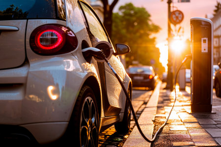 Electric Vehicle Charging Station Plugged into Car: Clean Energy for a Sustainable Future, Generative AI.の素材