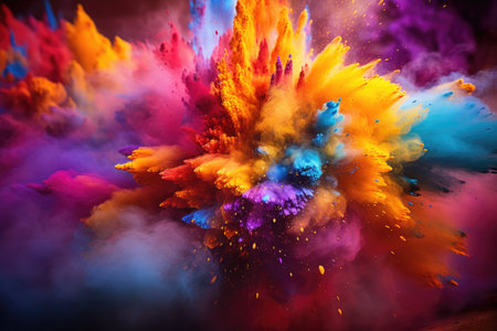 Holi festival, Colorful magic explosion on dark background. Generative ai.の素材