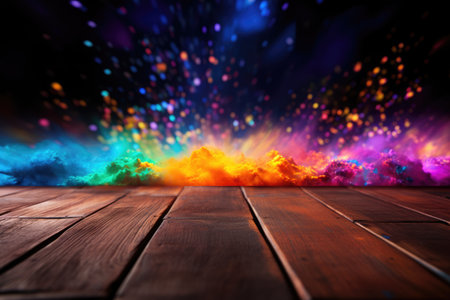 Colorful Holi powders on a top table with bokeh lights for mockup , AI generative.の素材