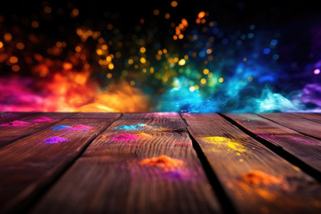 Colorful Holi powders on a top table with bokeh lights for mockup , AI generative.の素材