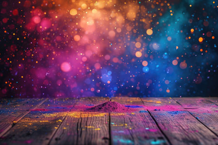 Colorful Holi powders on a top table with bokeh lights for mockup , AI generative.の素材